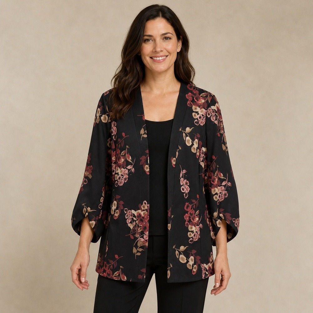 Alfani Women's Large Black Floral Longline Jacket Statement Sleeve Blazer